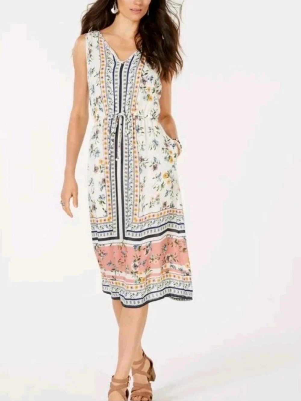 Lucky Brand Olivia Ivory Floral Border Print Drawstring Waist Midi Dress Size M